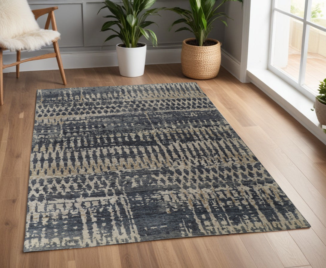 Beige, Blue, and Gray Abstract Hand Knotted Rug