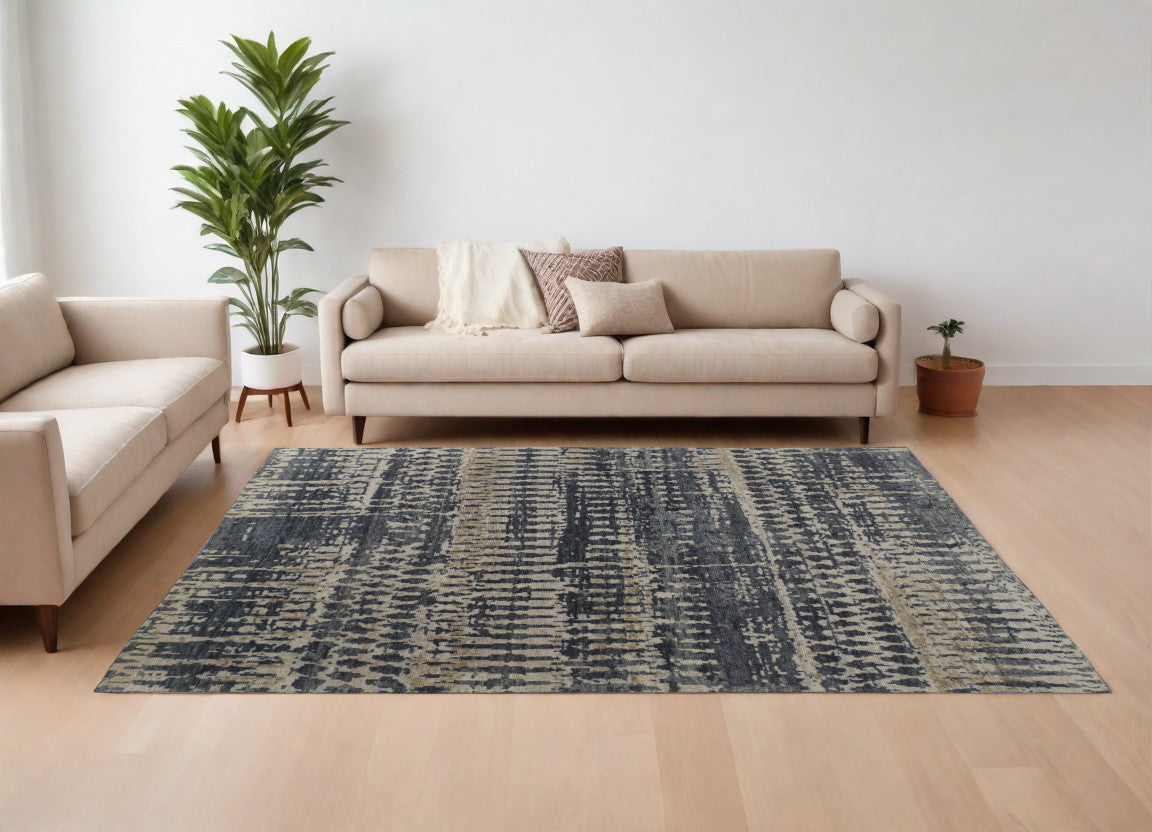 Beige, Blue, and Gray Abstract Hand Knotted Rug