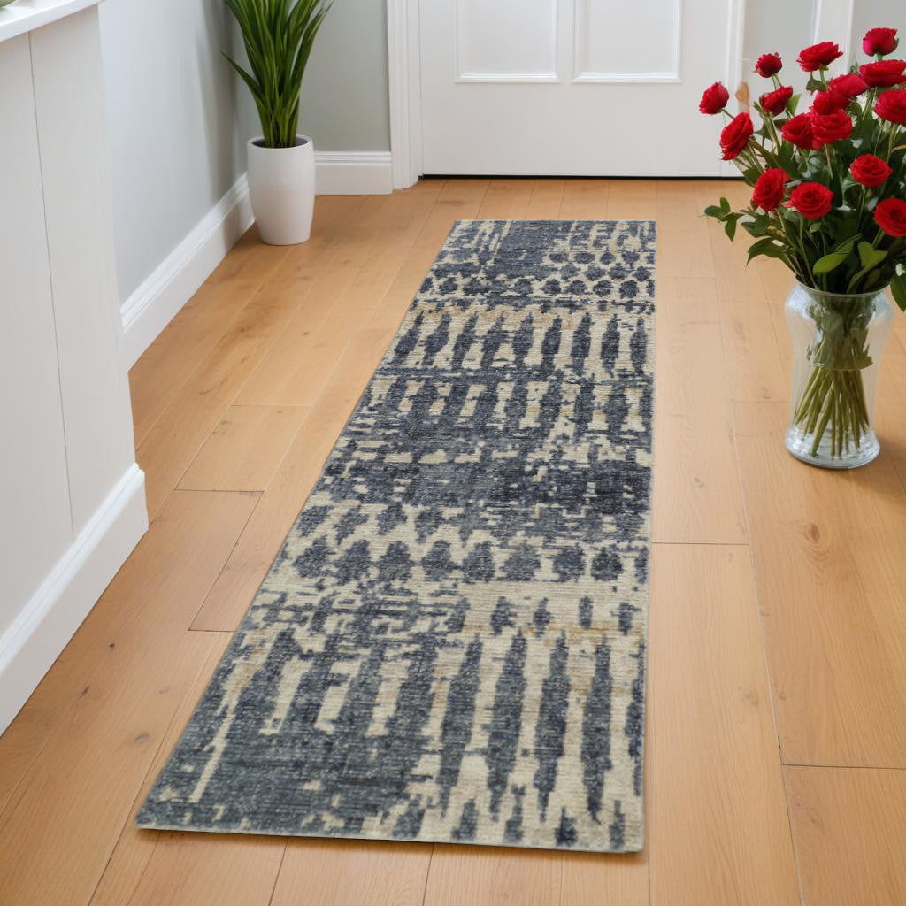 Beige, Blue, and Gray Abstract Hand Knotted Rug