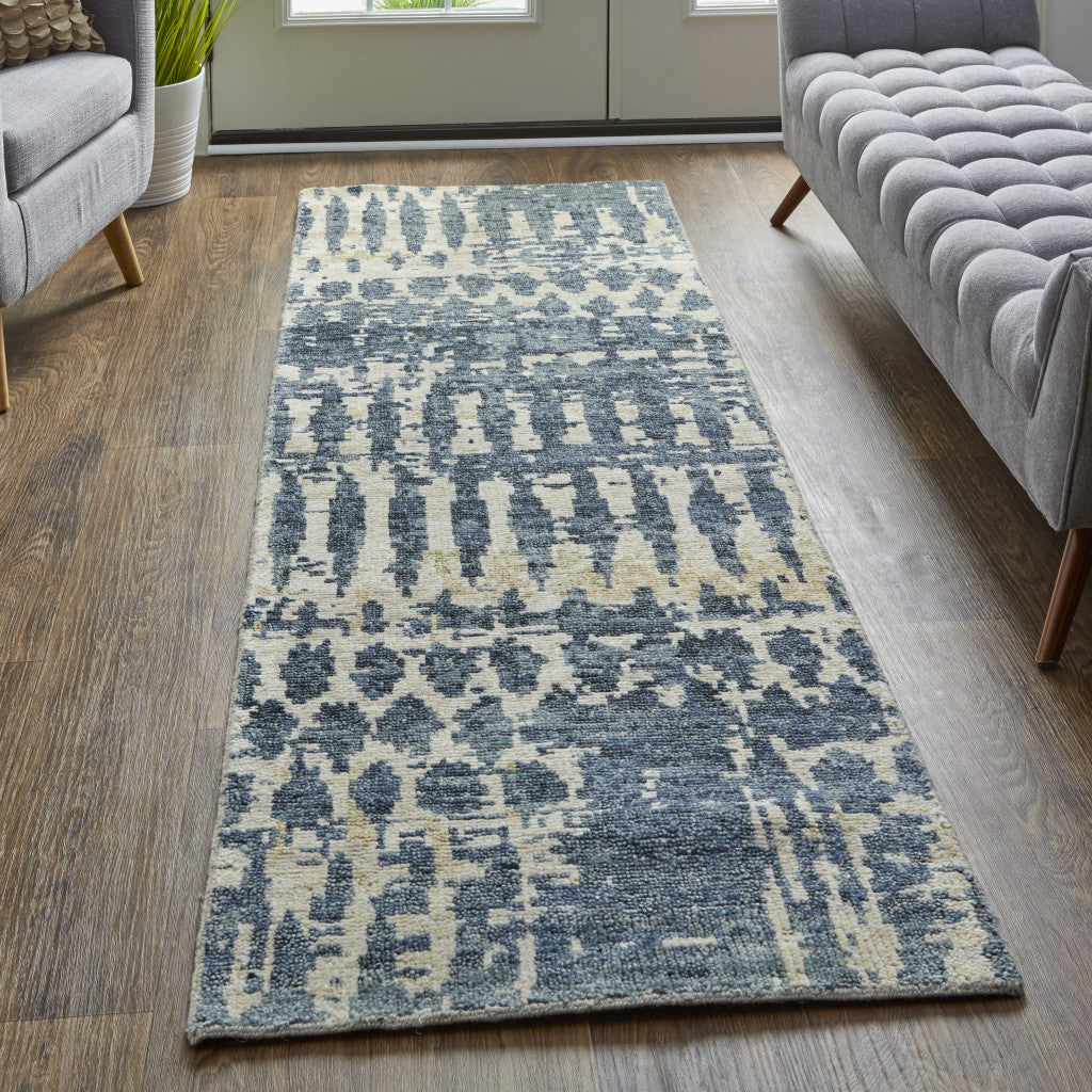 Beige, Blue, and Gray Abstract Hand Knotted Rug