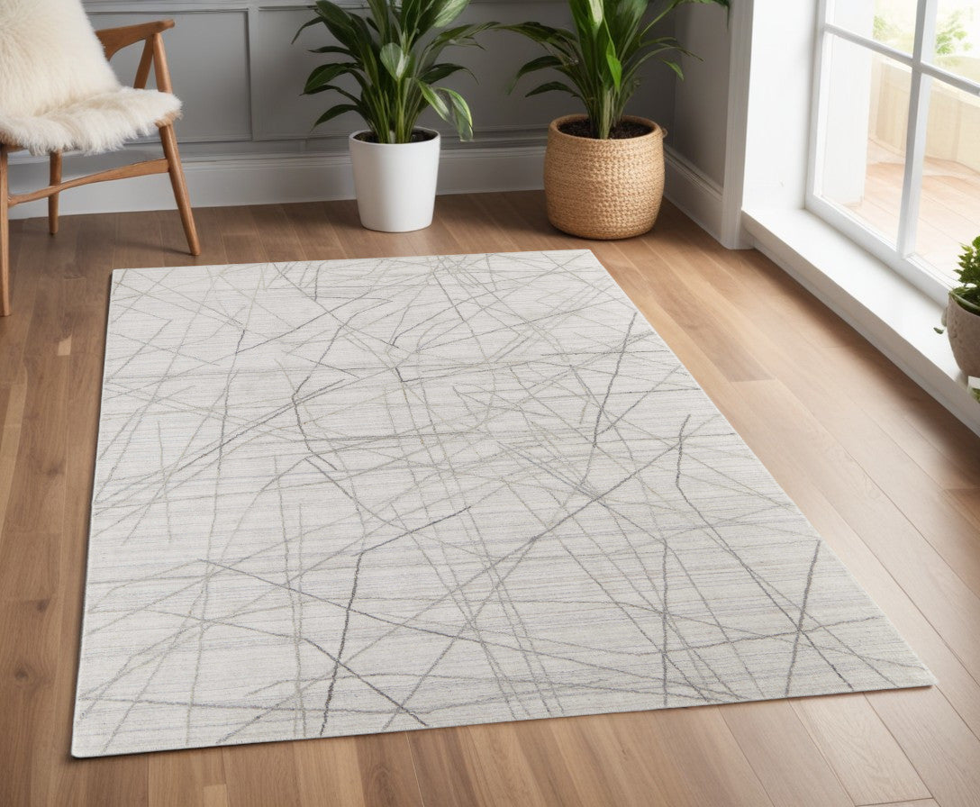 White and Gray Scribble Lines Geometric Area Rug