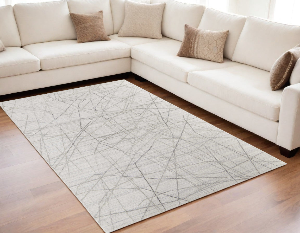 White and Gray Scribble Lines Geometric Area Rug