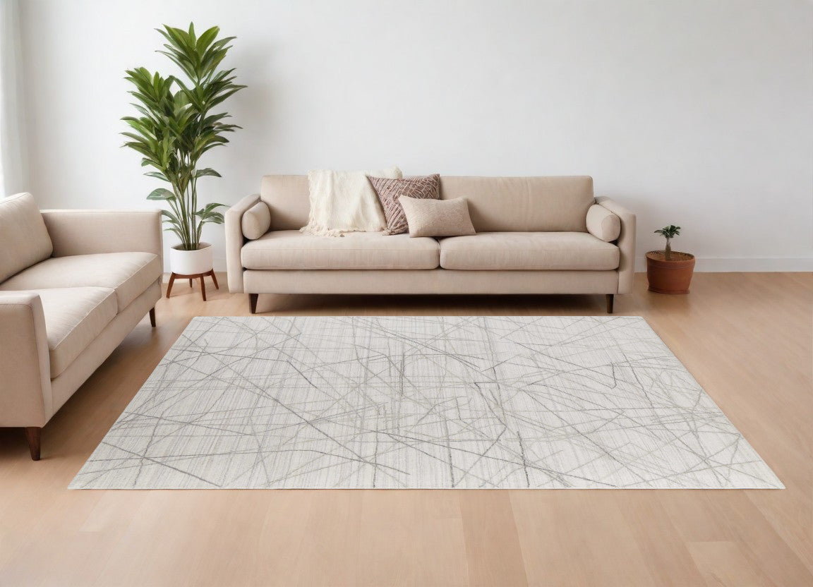 White and Gray Scribble Lines Geometric Area Rug