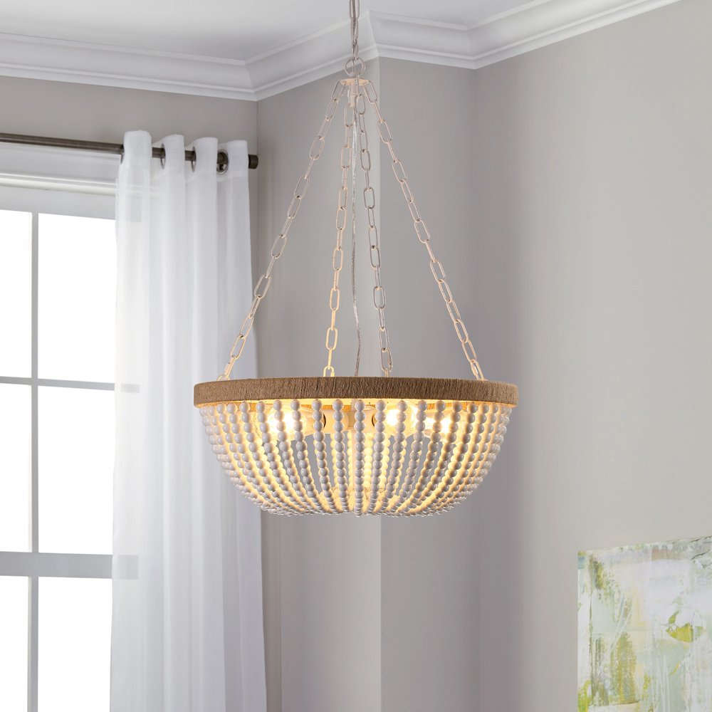 24" White and Brown Metal and Rope Bowl Chandelier