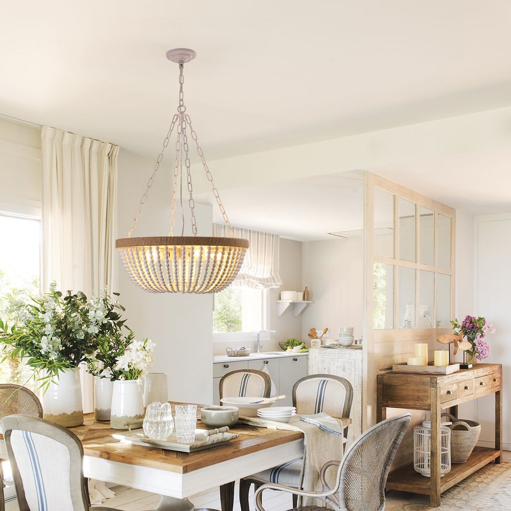 24" White and Brown Metal and Rope Bowl Chandelier