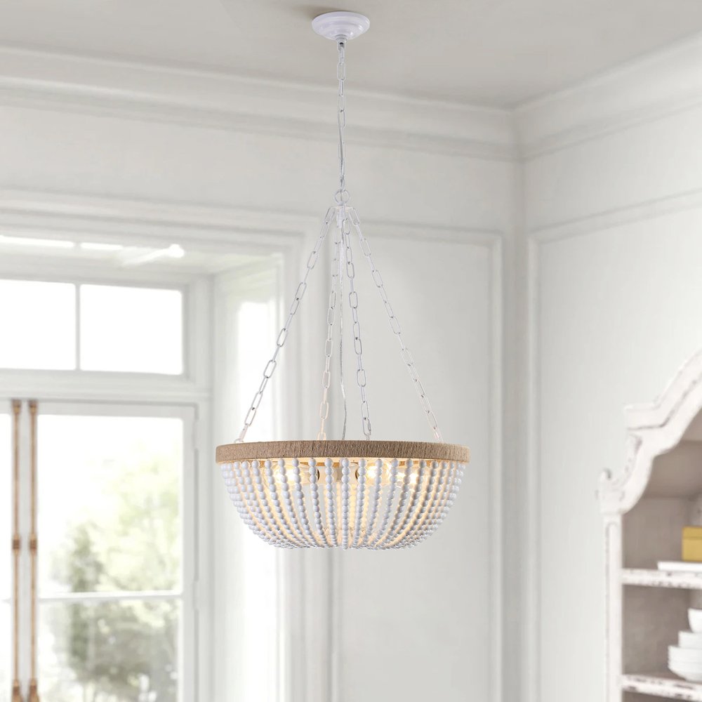 24" White and Brown Metal and Rope Bowl Chandelier