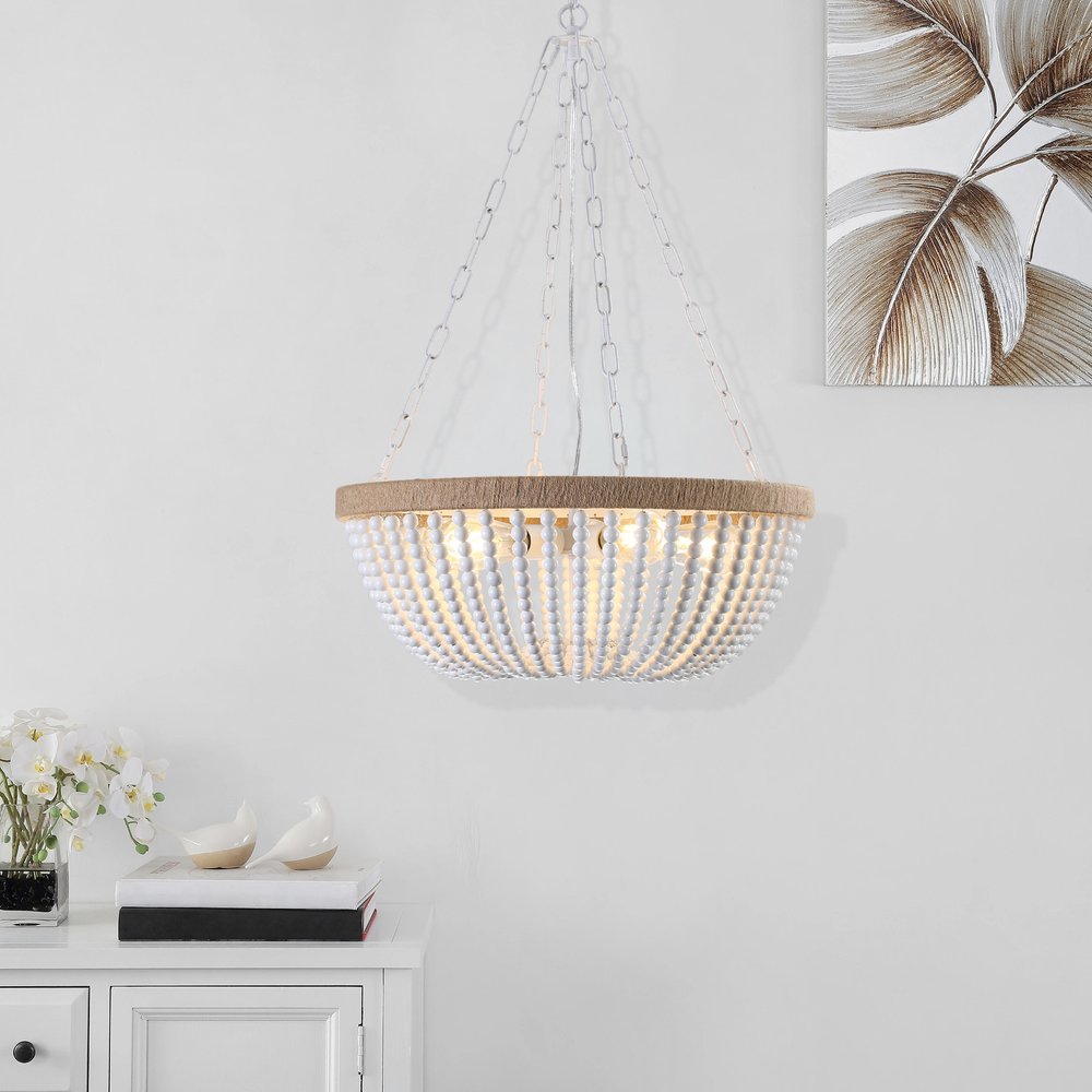 24" White and Brown Metal and Rope Bowl Chandelier