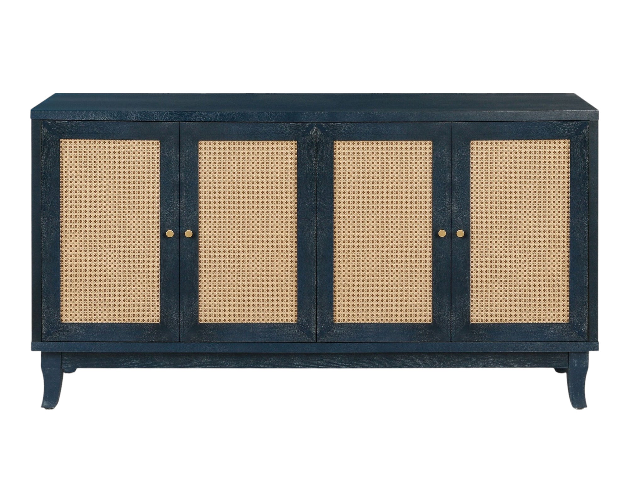 60" Blue Wood and Rattan 4 Door Sideboard