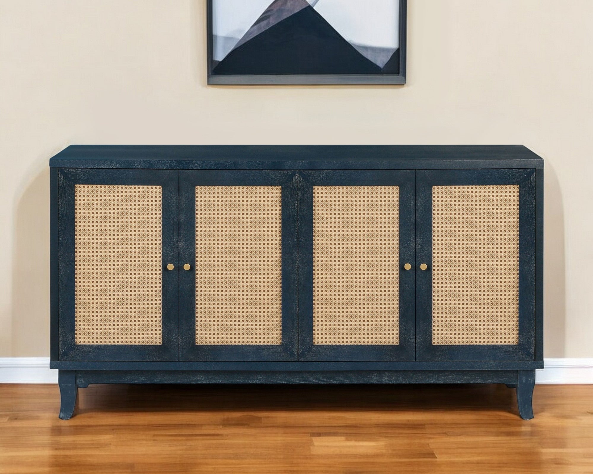 60" Blue Wood and Rattan 4 Door Sideboard