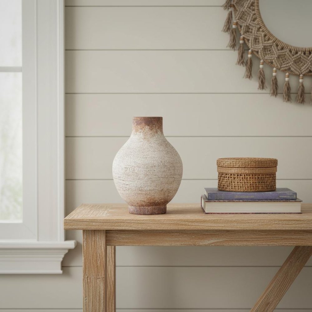8" Ivory and Brown Faded Round Table Vase