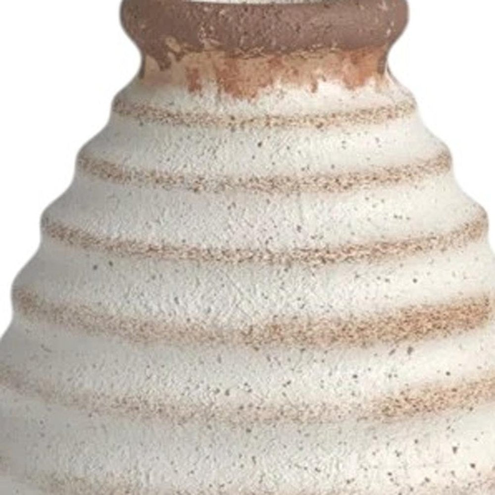 11" Ivory and Brown Faded Cylinder Ribbed Vase