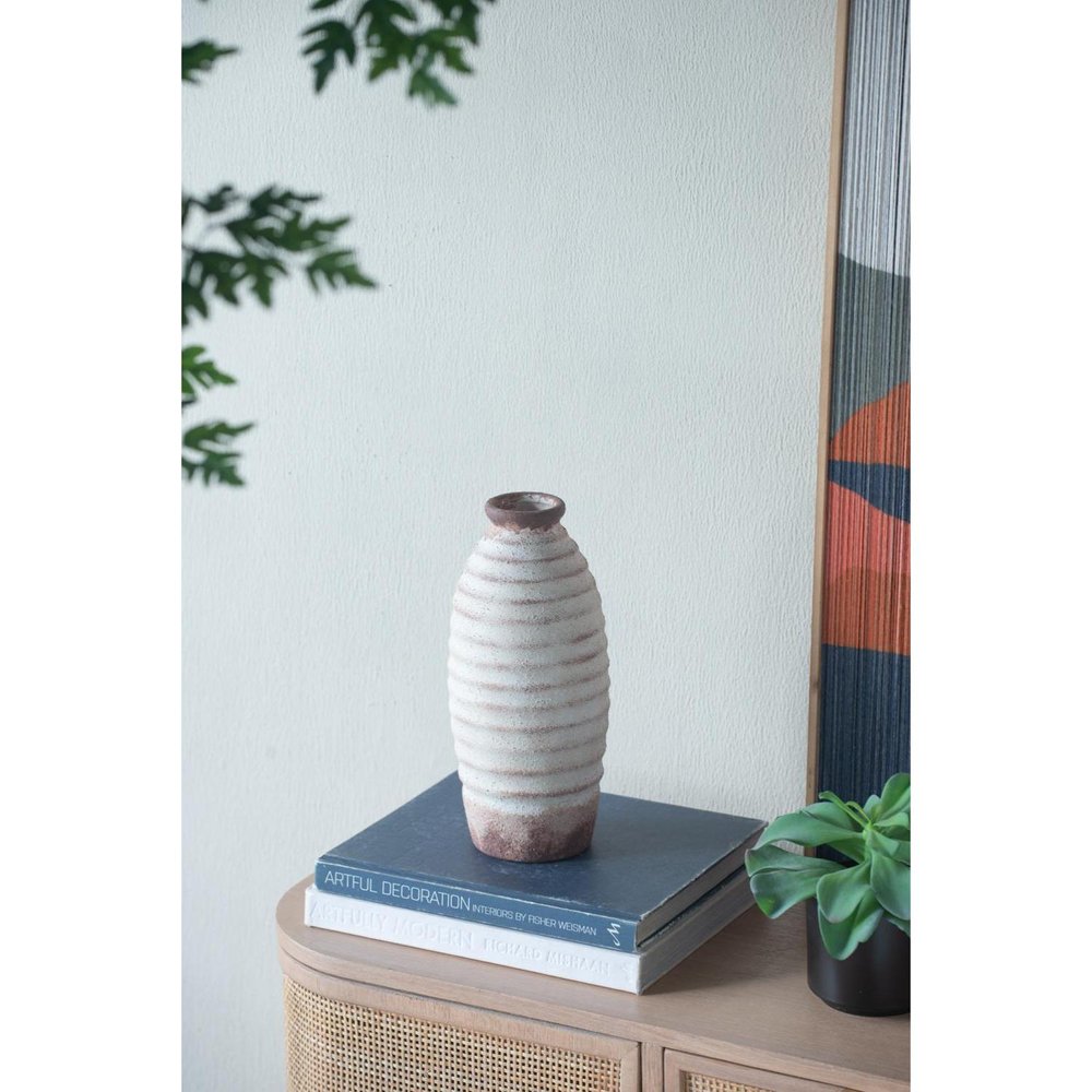 11" Ivory and Brown Faded Cylinder Ribbed Vase