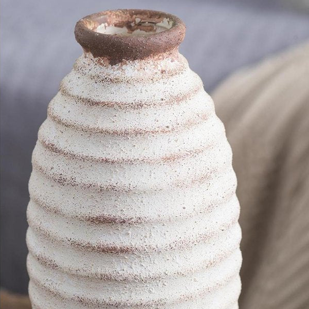 11" Ivory and Brown Faded Cylinder Ribbed Vase