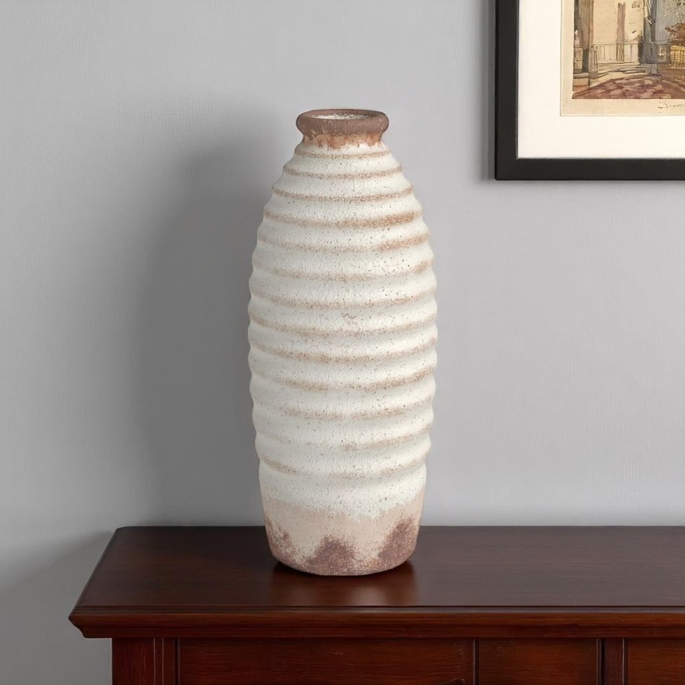 11" Ivory and Brown Faded Cylinder Ribbed Vase