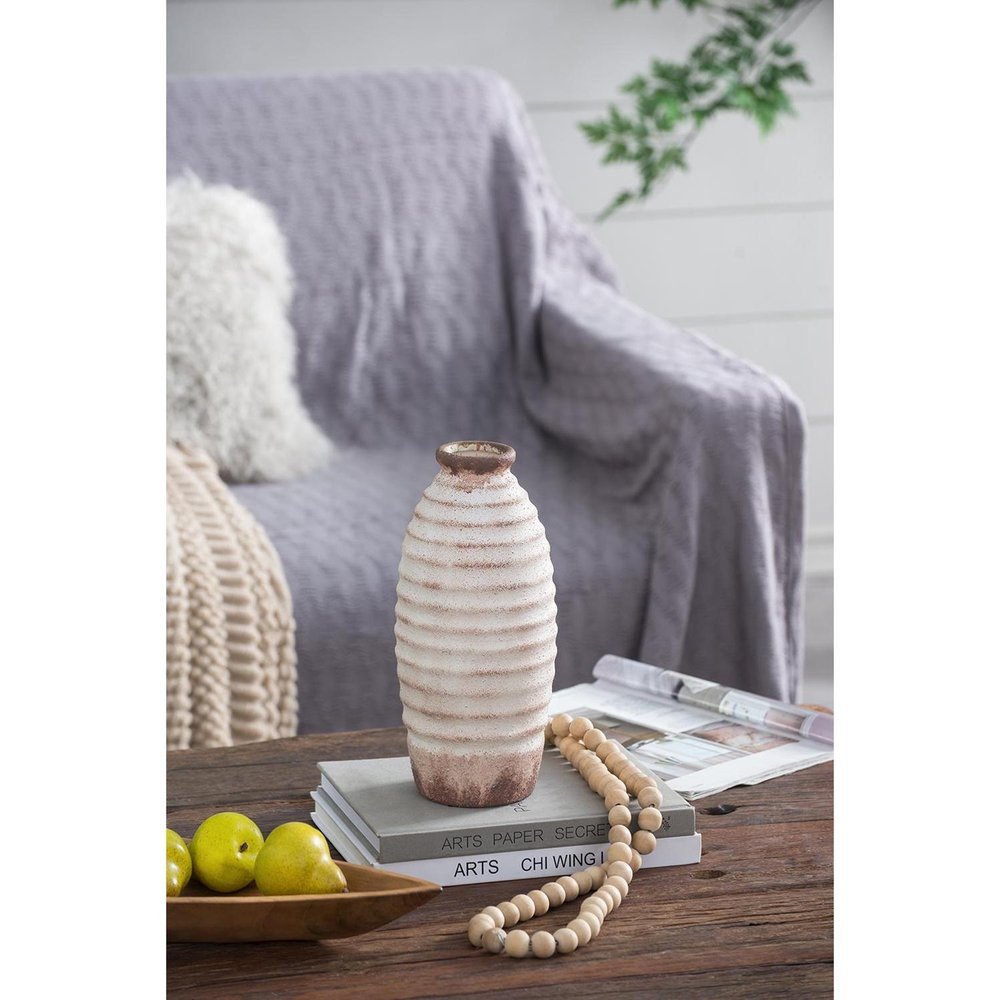 11" Ivory and Brown Faded Cylinder Ribbed Vase