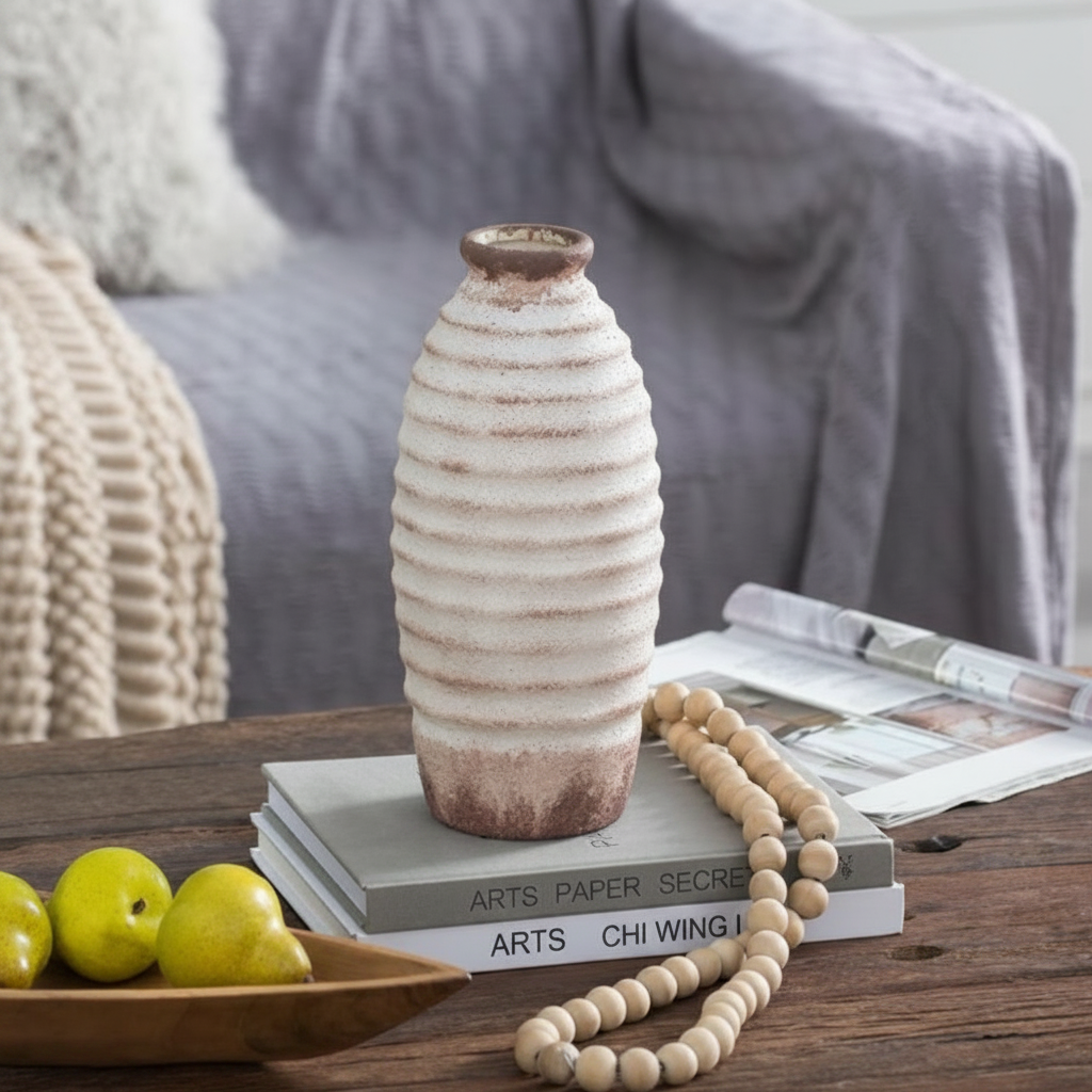 11" Ivory and Brown Faded Cylinder Ribbed Vase