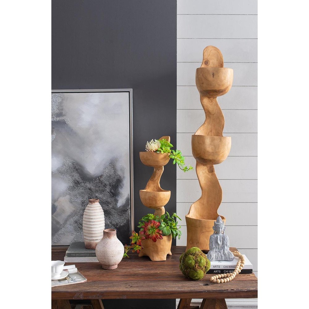 11" Ivory and Brown Faded Cylinder Ribbed Vase