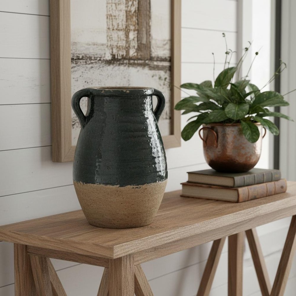 13" Dark Green Terracotta Amphora Jug Vase