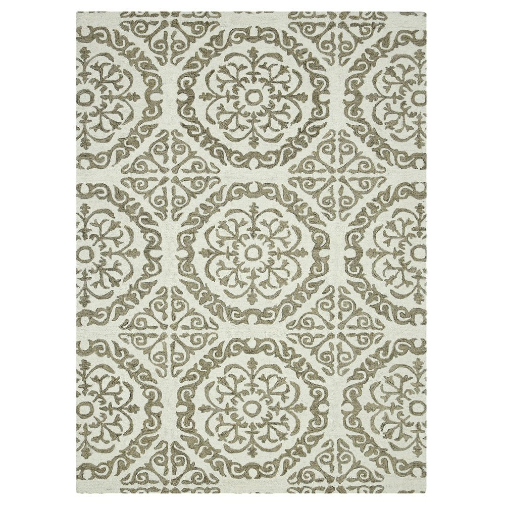 Ivory And Light Brown Wool Medallion Area Rug
