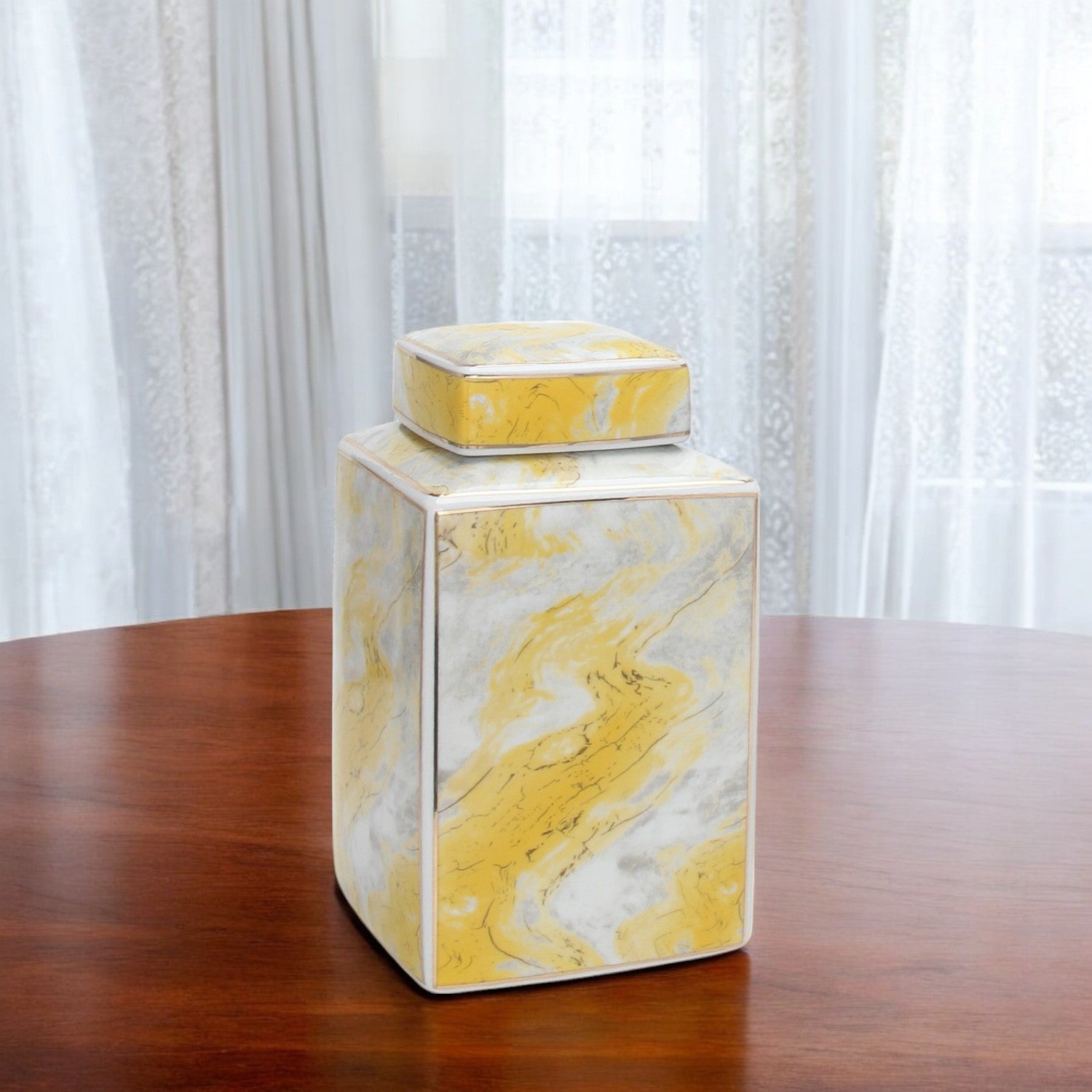 11" Gray and Gold Ceramic Square Ginger Jar