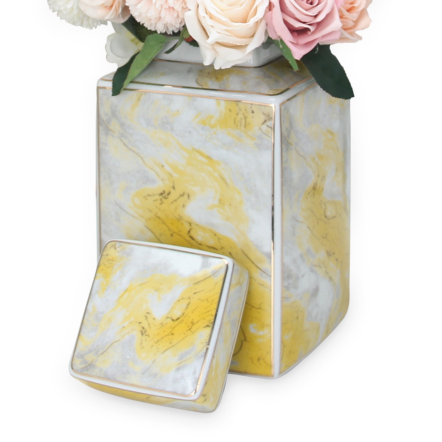 17" Gray and Gold Ceramic Square Ginger Jar