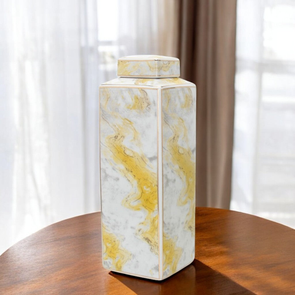 17" Gray and Gold Ceramic Square Ginger Jar