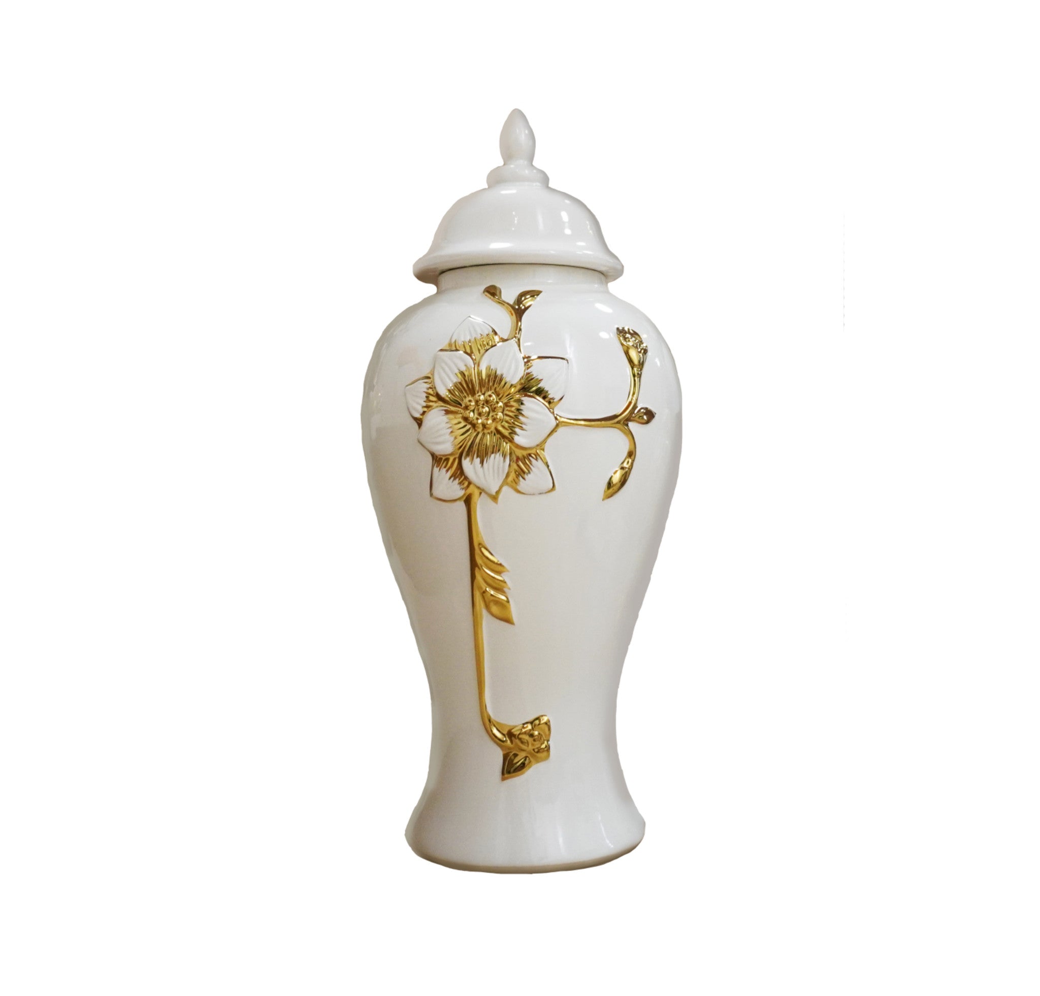 24" White and Gold Floral Sculptured Jar