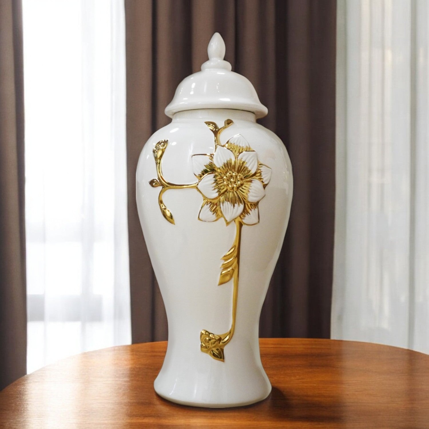 24" White and Gold Floral Sculptured Jar