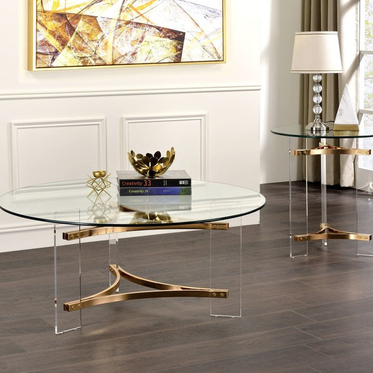 41" Clear and Gold Glass Tri-Base Coffee Table