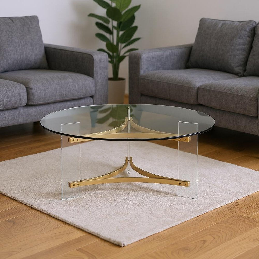 41" Clear and Gold Glass Tri-Base Coffee Table