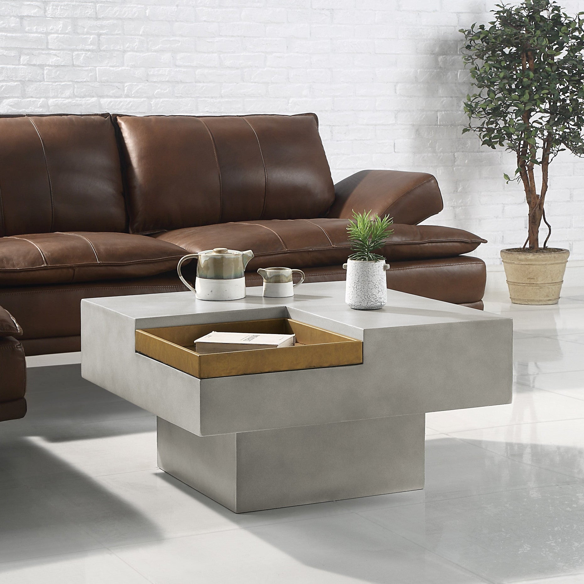 32" Gray Square Concrete Coffee Table with Storage Surface