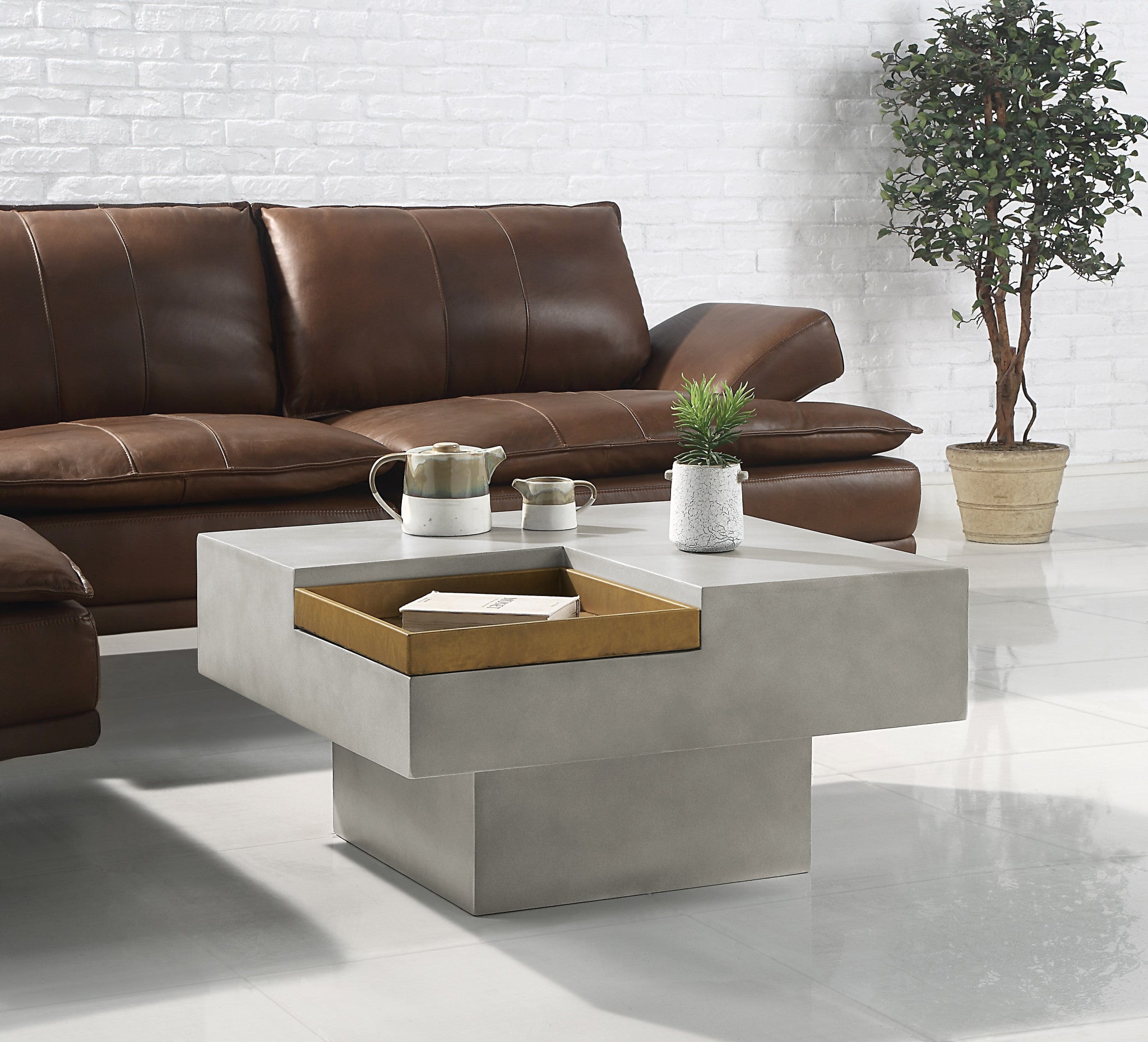 32" Gray Square Concrete Coffee Table with Storage Surface