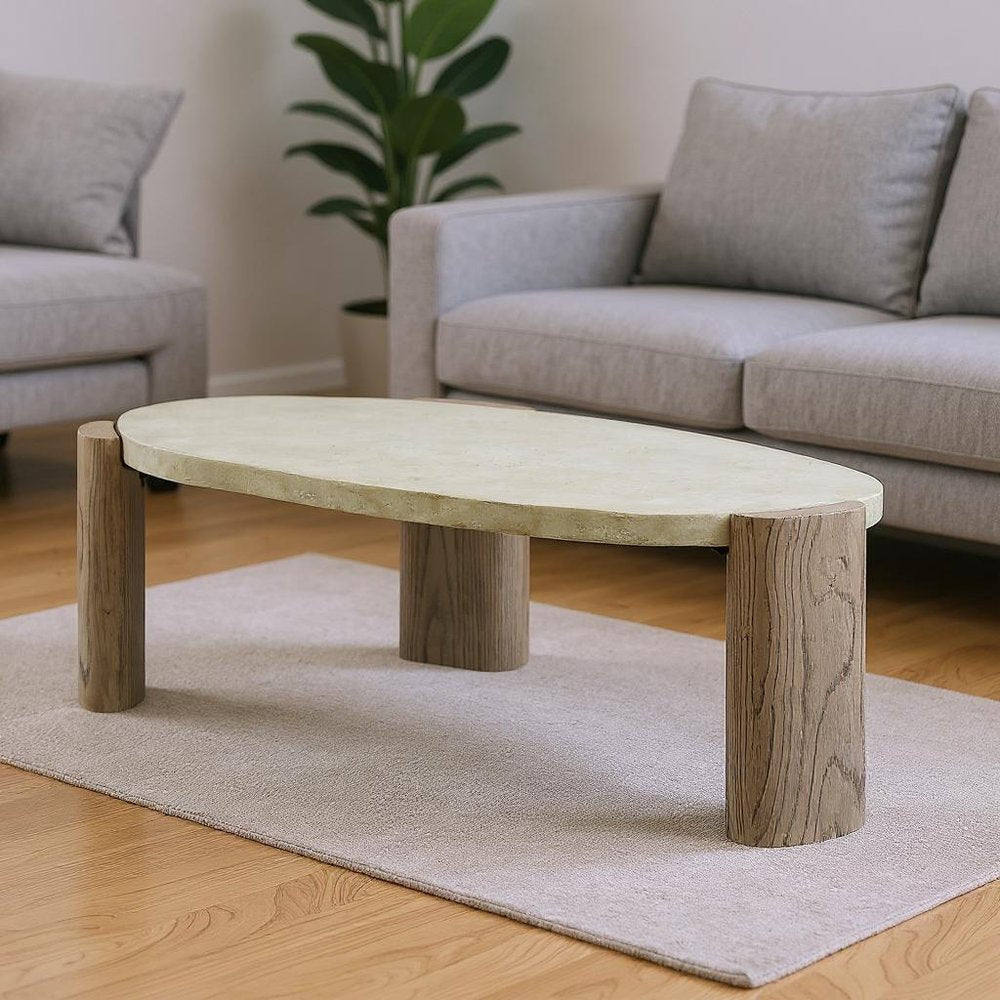 47" Beige and Oak Cement Oval Coffee Table