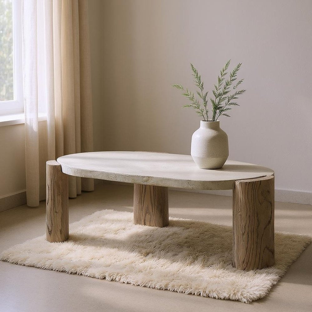 47" Beige and Oak Cement Oval Coffee Table