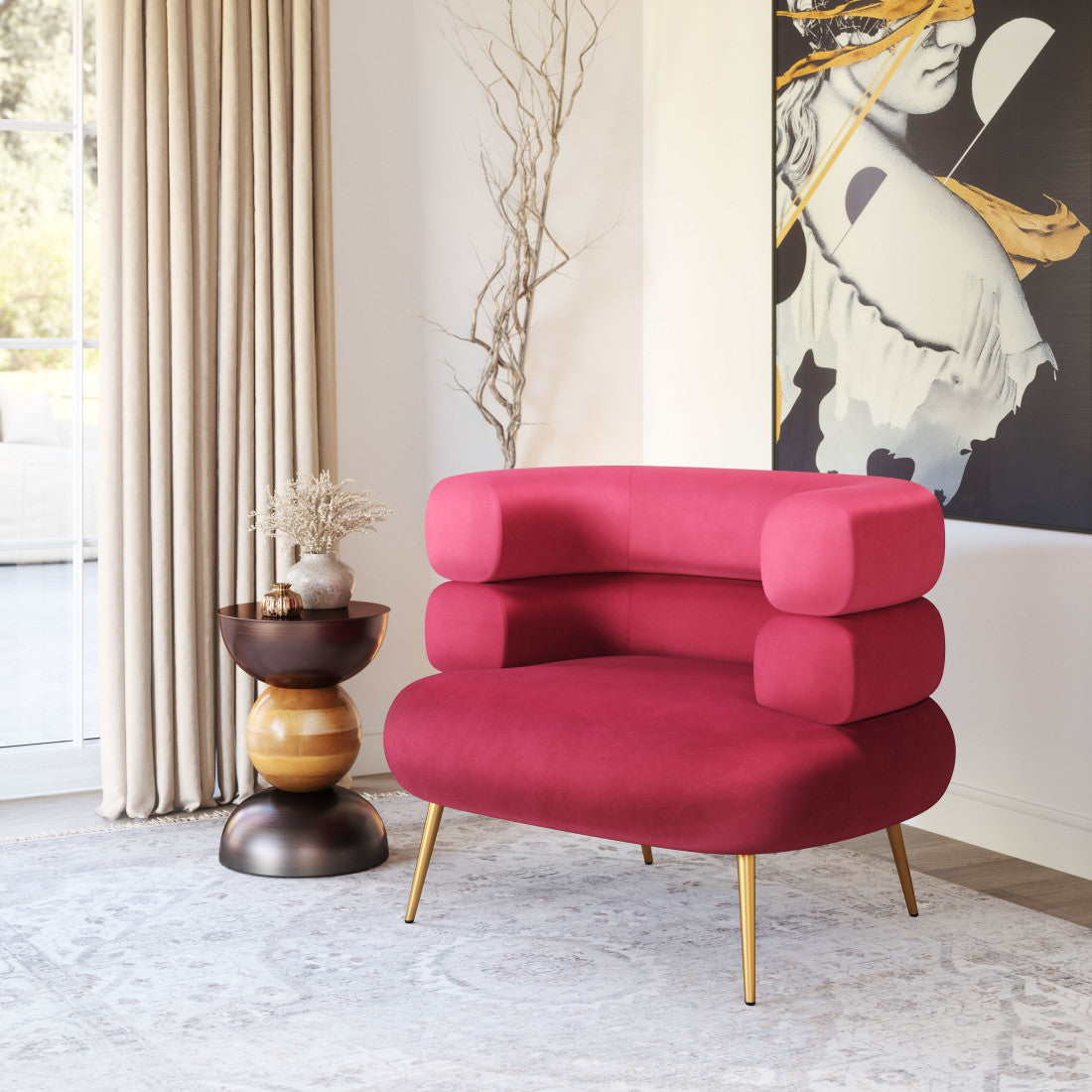 40" Red and Gold Velvet Deco Barrel Chair