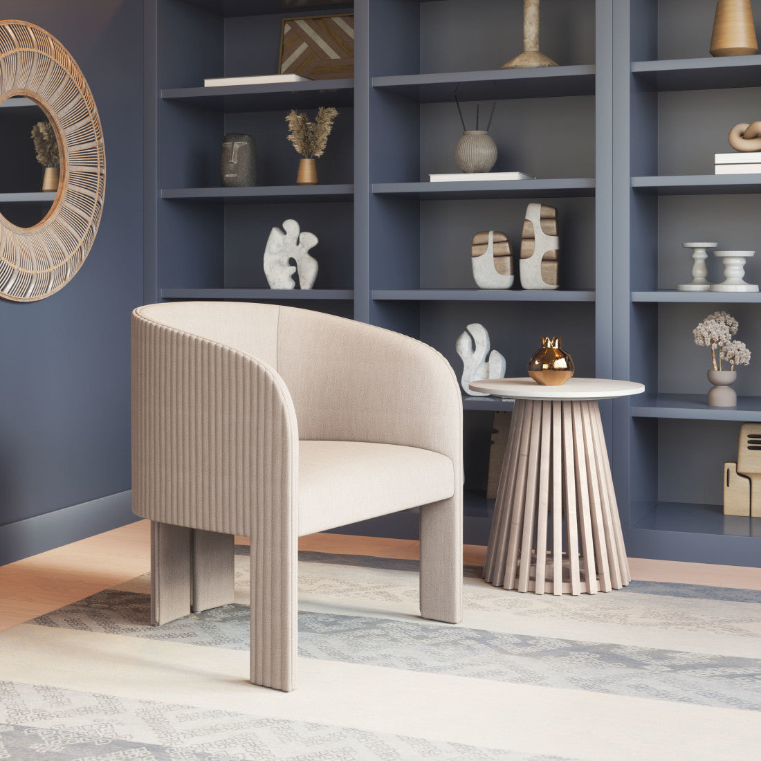 25" Beige Flute Tufted Tri-Pod Barrel Chair