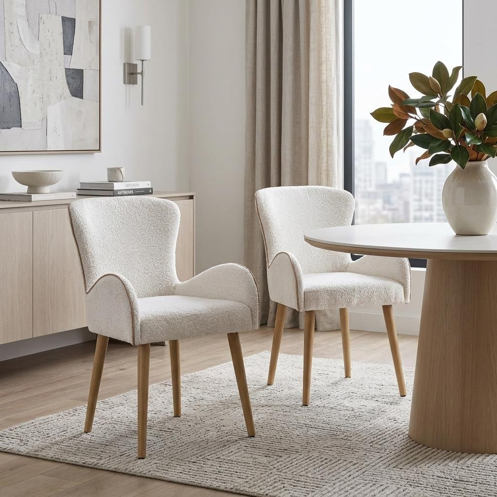 Set of Two 25" Beige and Oak Contemporary Wingback Dining Chair
