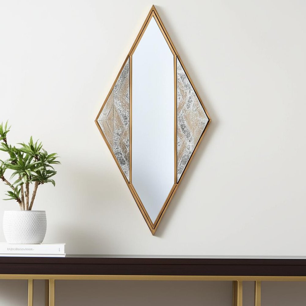 38" Brass and Silver Metal Diamond Deco Mirror