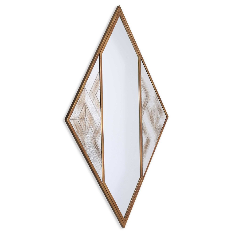 38" Brass and Silver Metal Diamond Deco Mirror