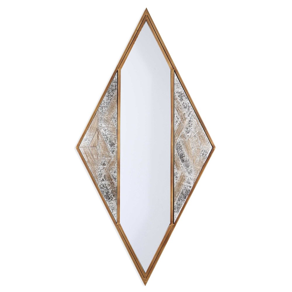 38" Brass and Silver Metal Diamond Deco Mirror