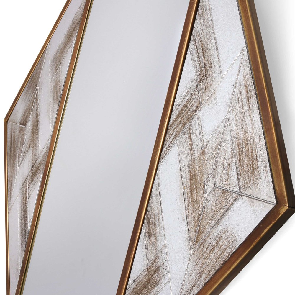 38" Brass and Silver Metal Diamond Deco Mirror