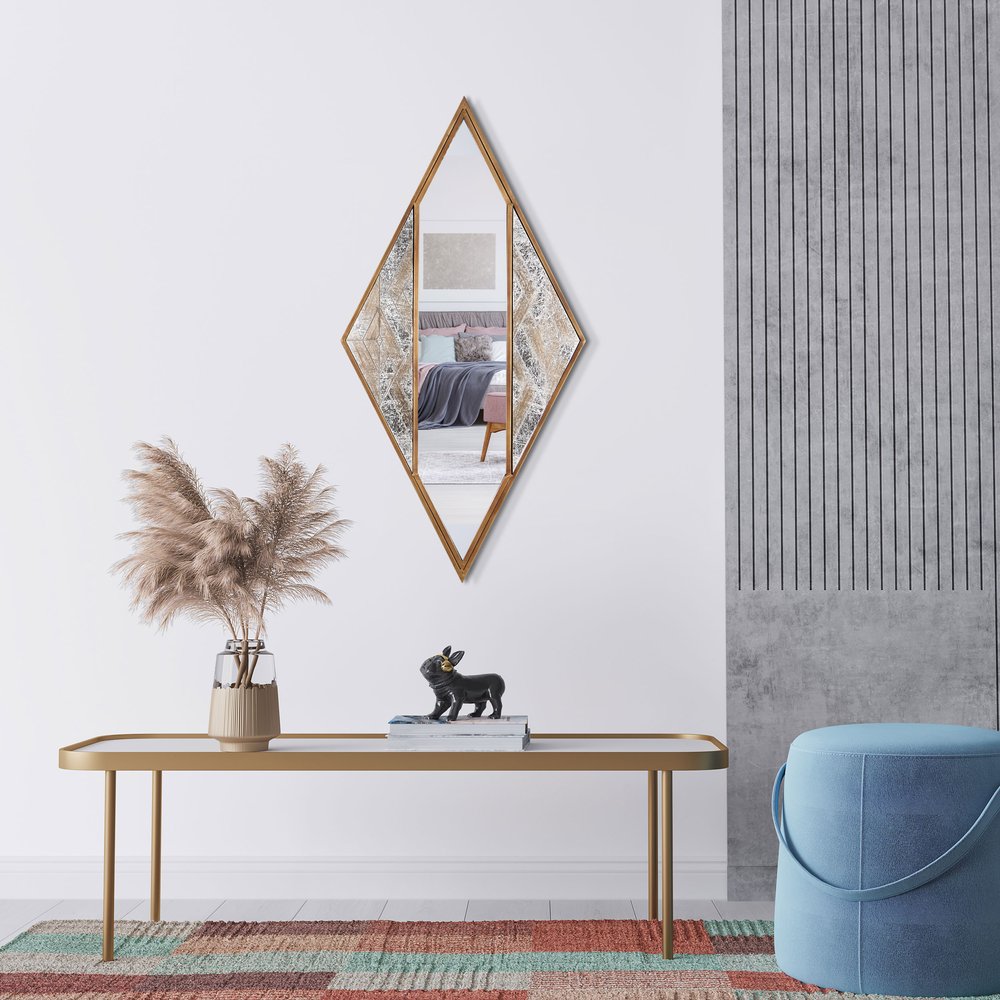 38" Brass and Silver Metal Diamond Deco Mirror