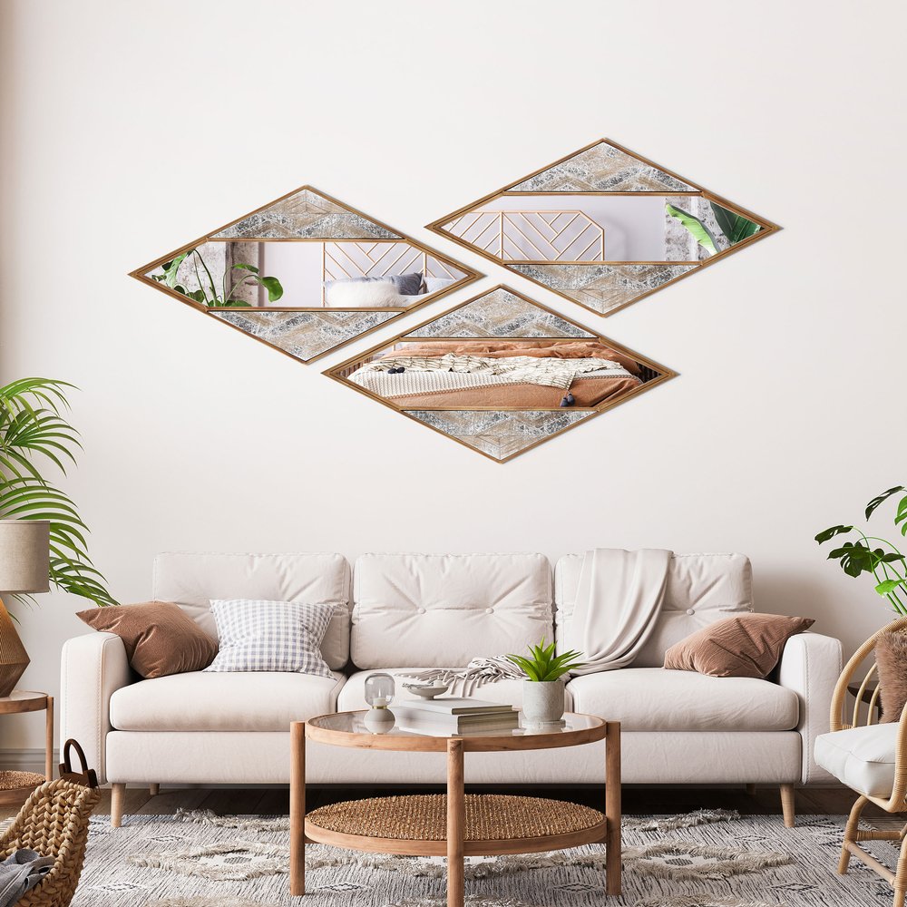 38" Brass and Silver Metal Diamond Deco Mirror