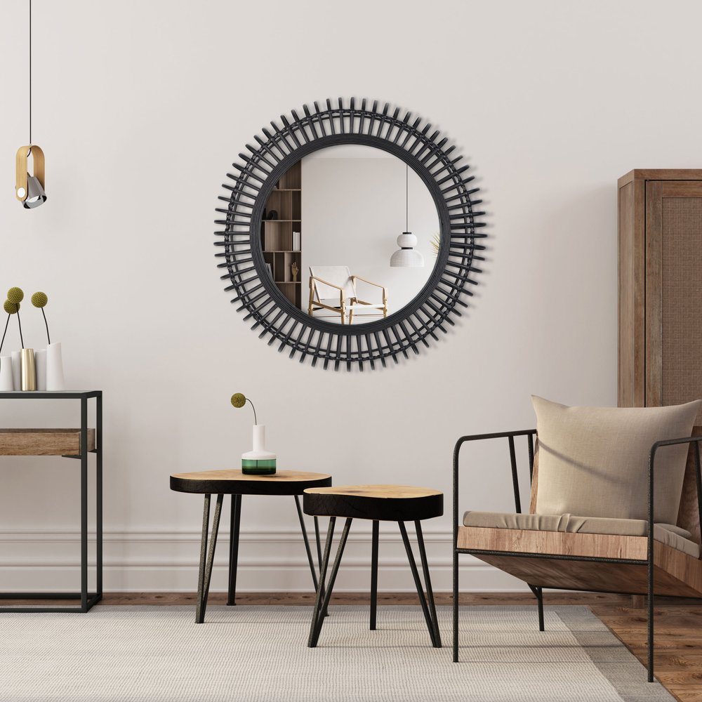 31" Black Bamboo Pierced Round Mirror