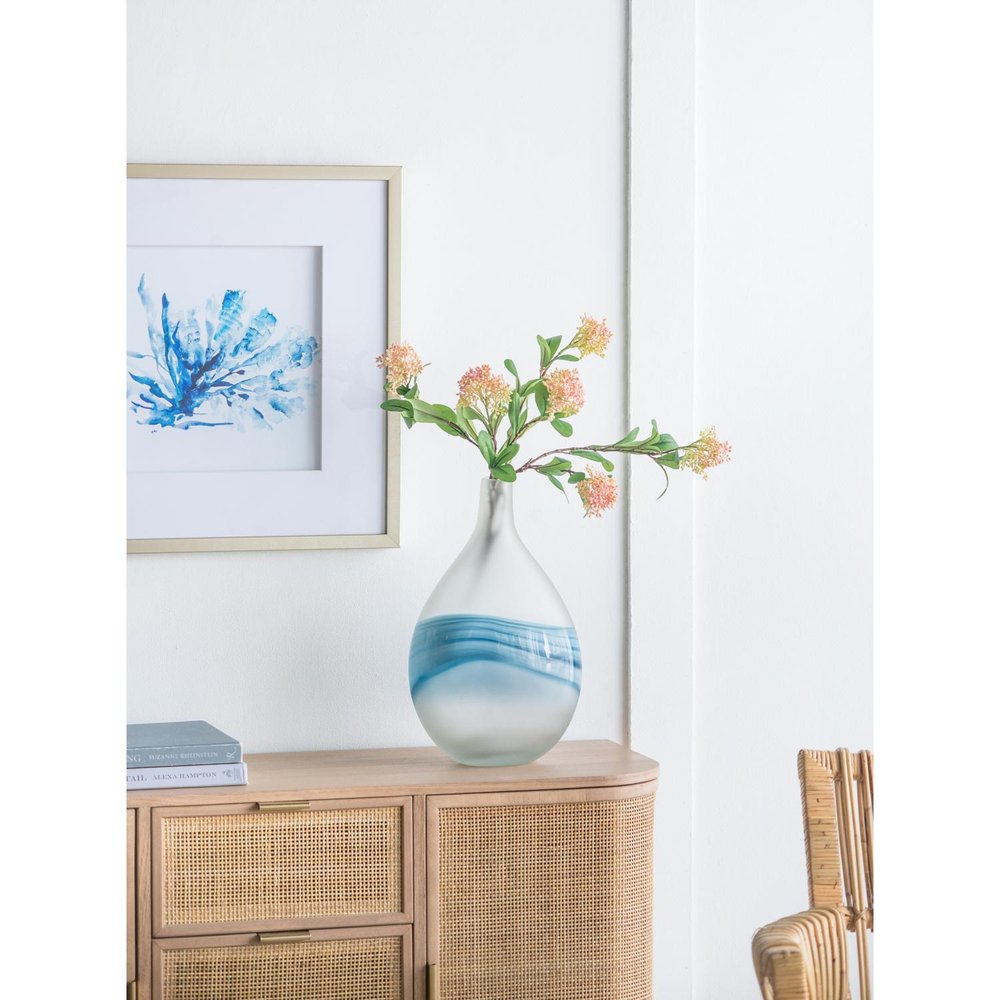 16" White and Blue Opaque Glass Bud Vase