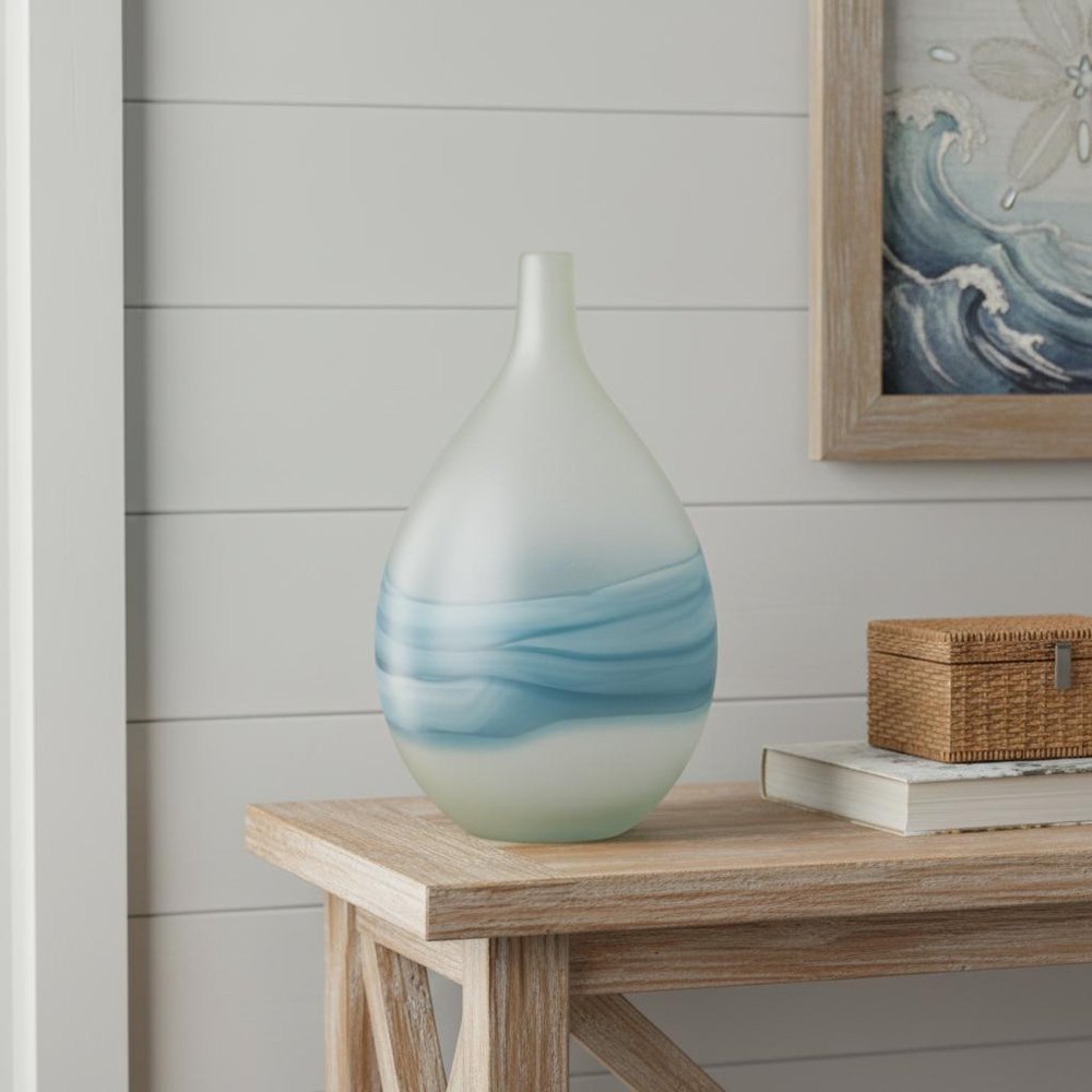 16" White and Blue Opaque Glass Bud Vase