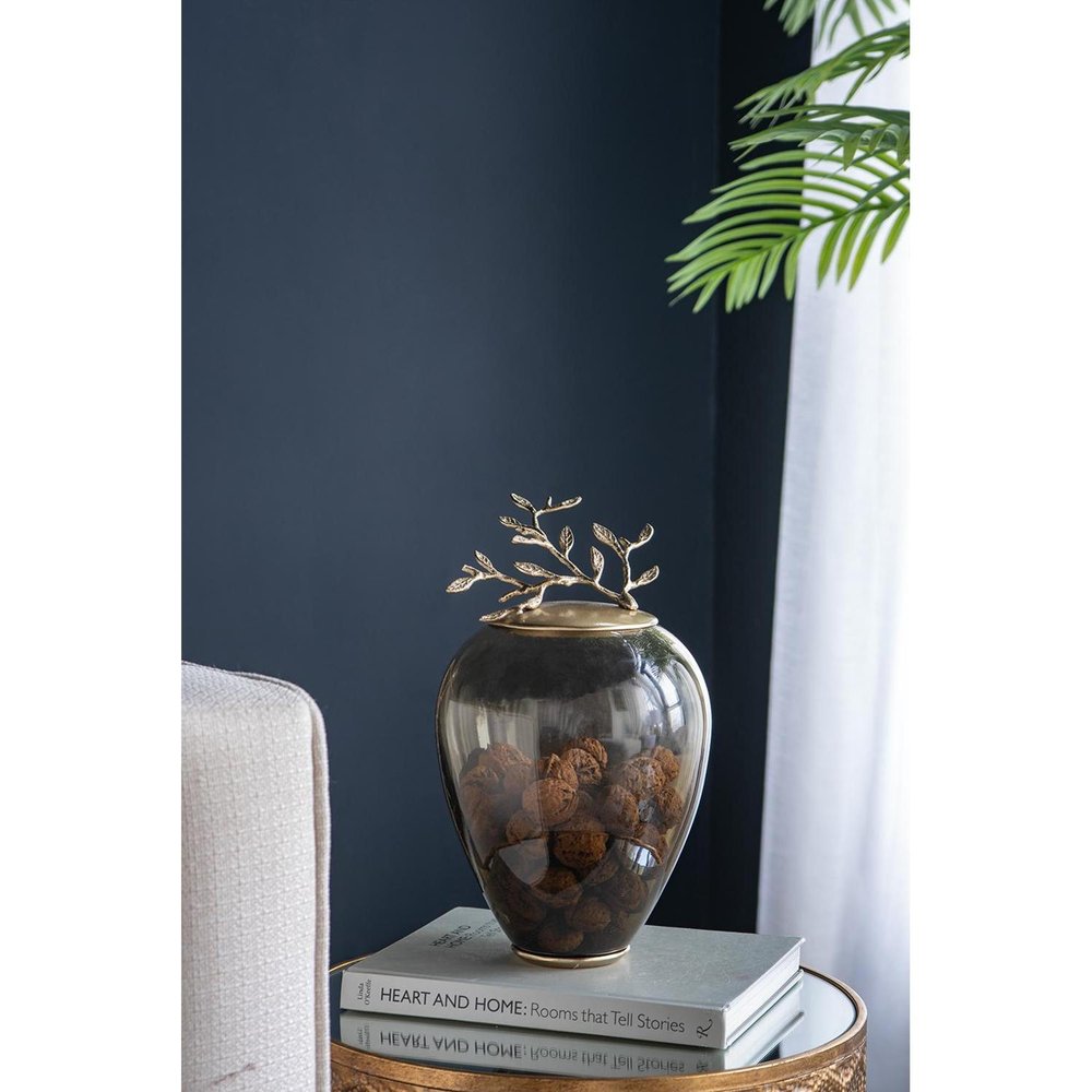 14" Dark Green and Gold Glass Branch Jar