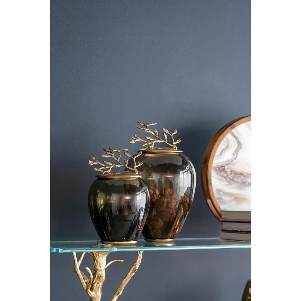 14" Dark Green and Gold Glass Branch Jar