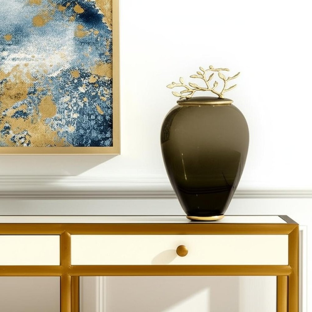 14" Dark Green and Gold Glass Branch Jar