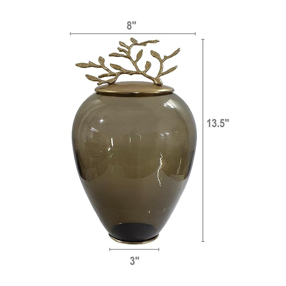 14" Dark Green and Gold Glass Branch Jar